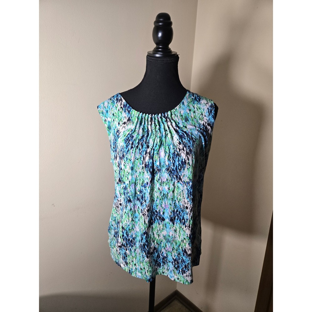Nipon Boutique Pleated Top Womens Medium Blue Green Excellent Abstract Print